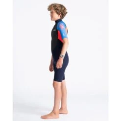 C-Skins Element 3/2mm Junior Shorty Wetsuit Slate Navy Flo Red - JL -Sports Surfing Shop cel32shjsnfrbltdside2 62415